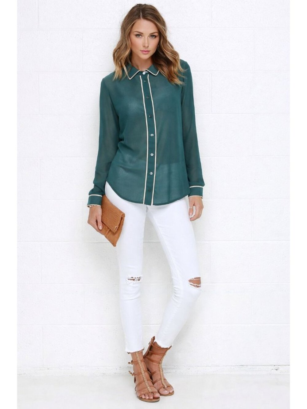 Forever 21 Size XL Teal Sheer Button Up Blouse Contrast Trim Officecore Workwear